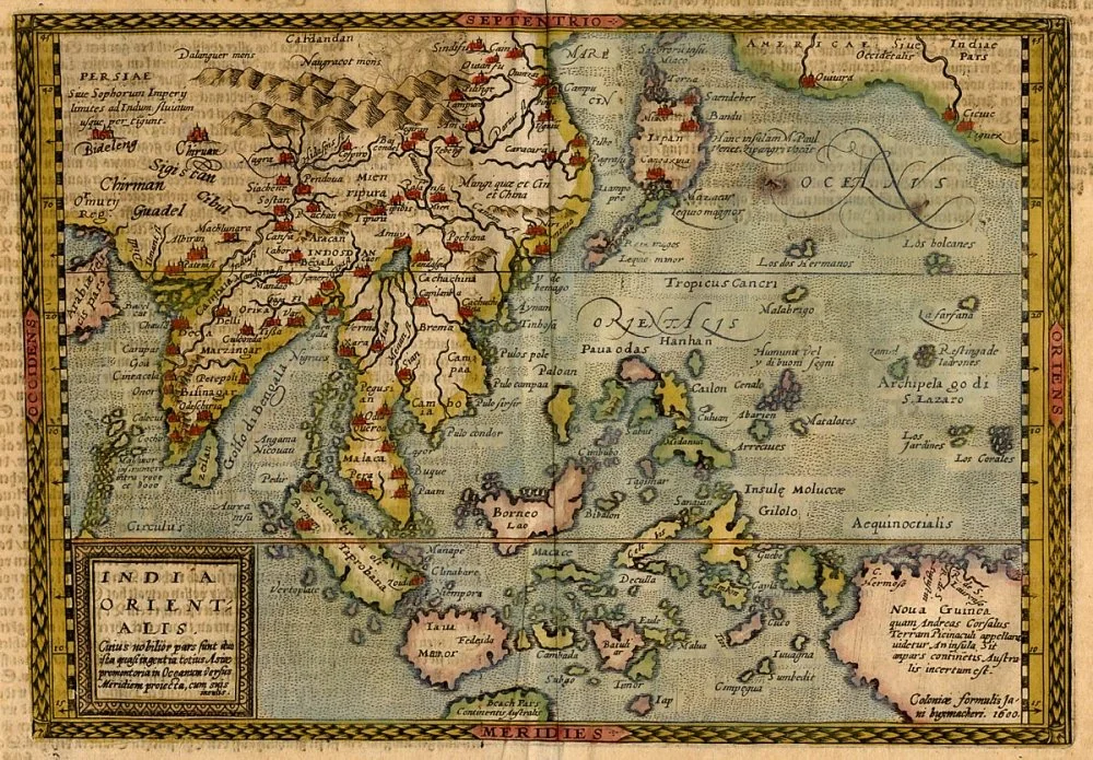 Old, antique map of Southeast Asia by Quad M. [Wikimedia Commons]