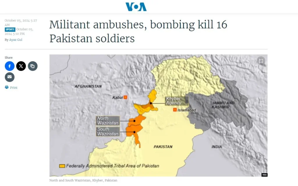 Militant ambushes, bombing kill 16 Pakistan soldiers [VoA]