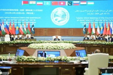 Pakistan's Prime Minister Shehbaz Sharif addressing the Shanghai Cooperation Organisation summit in Islamabad on Wednesday. [AFP]