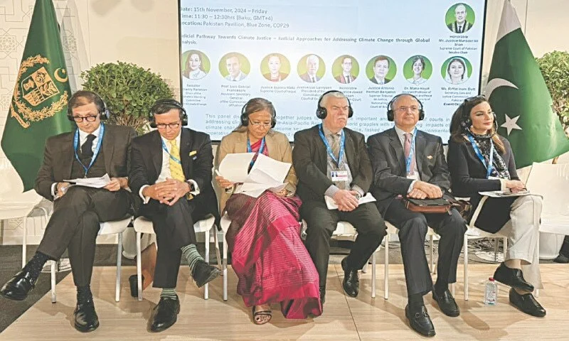 Pakistan advances climate justice at COP29, hosting panels on climate finance and judicial roles in global climate action. [Image via APP]