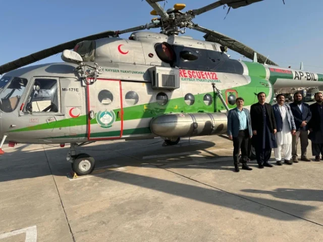 K-P launches its first air ambulance with an MI-17 helicopter, ensuring free emergency medical evacuations for the public. [Image via The Express Tribune]